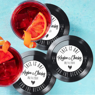 Retro Vinyl Record Black and White Music Wedding Runder Pappuntersetzer