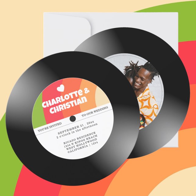 Retro Vinyl Record Foto Wedding Einladung (Retro Vinyl Record Photo Wedding Invitations from Ricaso. Add photo & text to these novelty invites)