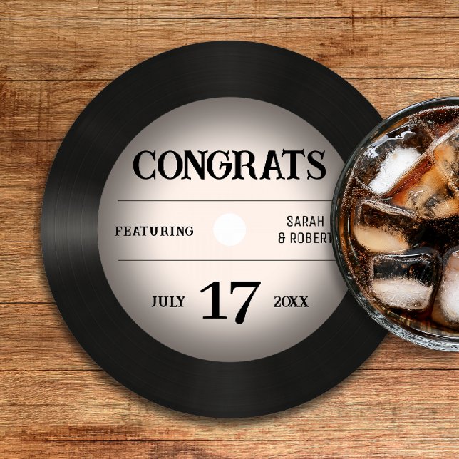 Retro Vinyl Record Hochzeit Herzlichen Glückwunsch Runder Pappuntersetzer (Retro Vinyl Record Wedding Congratulations Round Paper Coaster
)
