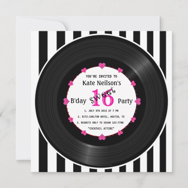 Retro Vinyl Record l Modern Sweet 16 B'day Einladung (Vorderseite)