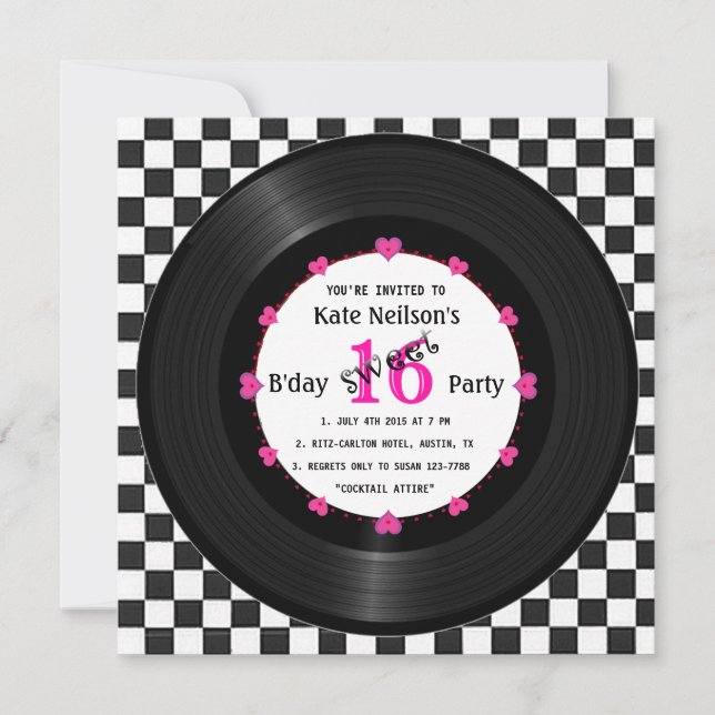 Retro Vinyl Record l Modern Sweet 16 B'day Einladung (Vorderseite)