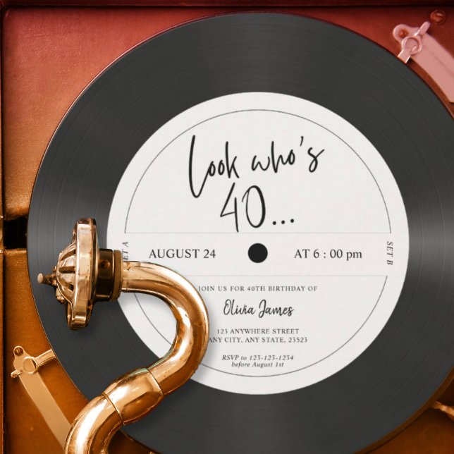 Retro vinyl record look who’s 40, 40th birthday einladung (Von Creator hochgeladen)