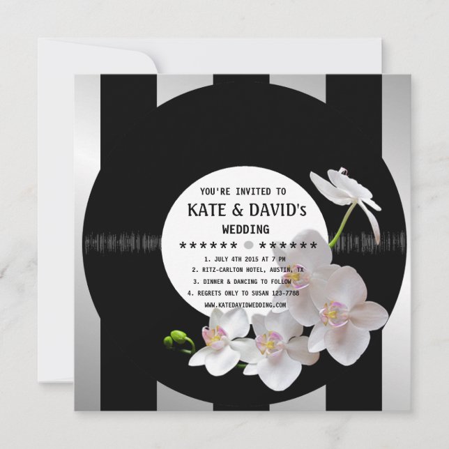 Retro Vinyl Record Orchids Moderne Hochzeiten Einl Einladung (Vorderseite)