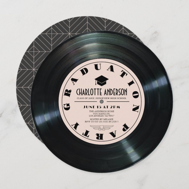 Retro Vinyl Record Rosa Abschluss Einladung (Vorne/Hinten)