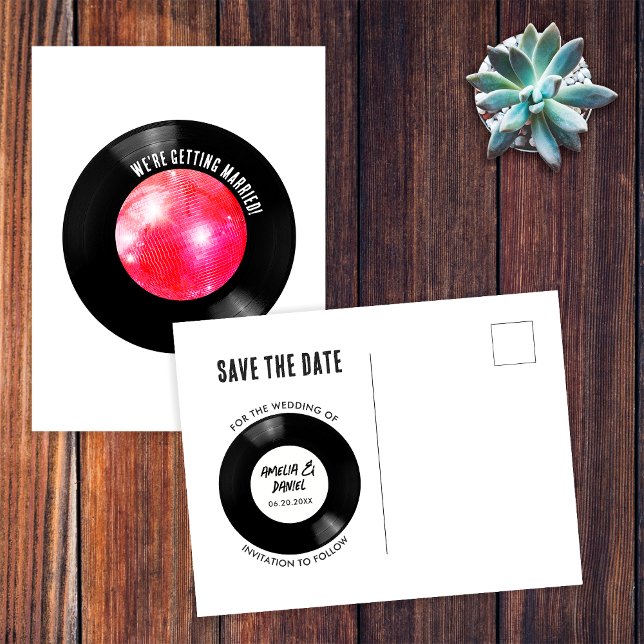 Retro Vinyl Record Rosa Diskothek Save the Date Postkarte (Front/Back)