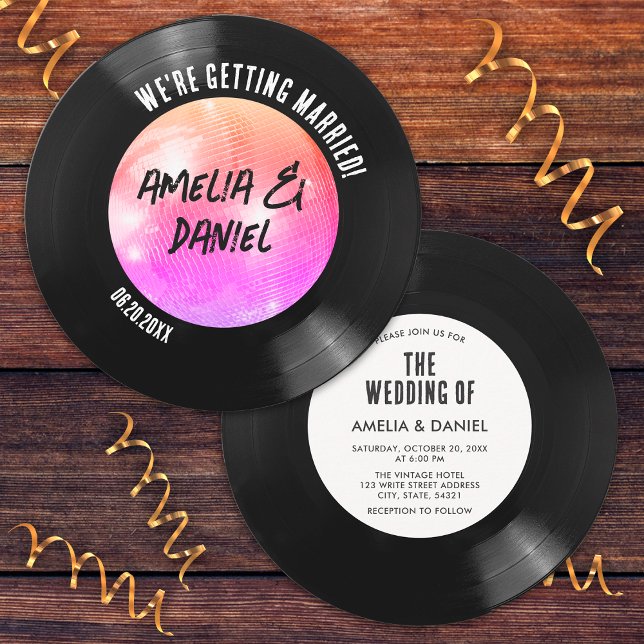 Retro Vinyl Record Rosa Orange Disco Ball Wedding Einladung (Front/Back)