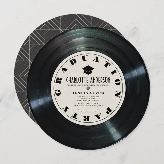 Retro Vinyl Record Tan Abschluss Einladung (Vorne/Hinten)