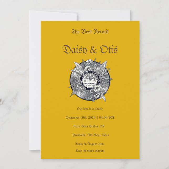 Retro Vinyl Record Wedding Invitation 70s Boho Einladung (Vorderseite)