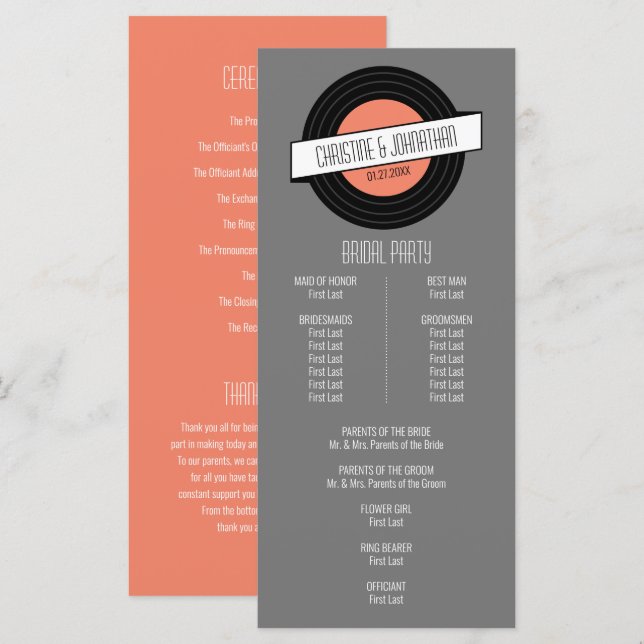 Retro Vinyl Record Wedding Program Programm (Vorne/Hinten)