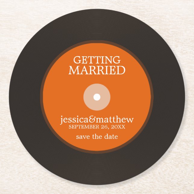 Retro Vinyl Record Wedding Save the Date Wedding Runder Pappuntersetzer (Vorderseite)
