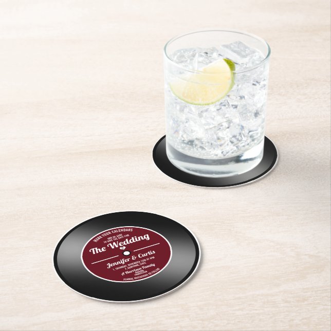 Retro Vinyl Record Wein Red Wedding Retro Vinyl Sp Runder Pappuntersetzer (Vor Ort)