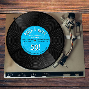 Retro-Vinyl-Schallplatte Rock N Roll Blau Geburtst Einladung