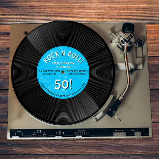 Retro-Vinyl-Schallplatte Rock N Roll Blau Geburtst Einladung
