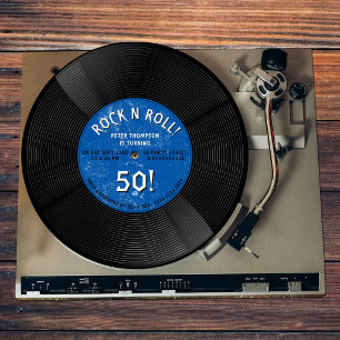 Retro-Vinyl-Schallplatte Rock N Roll Blau Geburtst Einladung