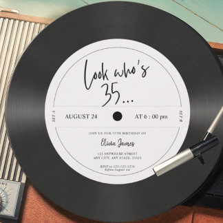 Retro-Vinyl-Schallplatte Schau wer 35 ist, 35. Geb Einladung