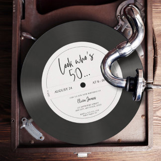 Retro-Vinyl-Schallplatte Schau wer 50 ist, 50. Geb Einladung