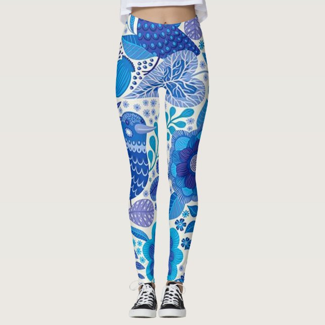 Retro Vogel-und Blumen-Muster Leggings (Vorderseite)
