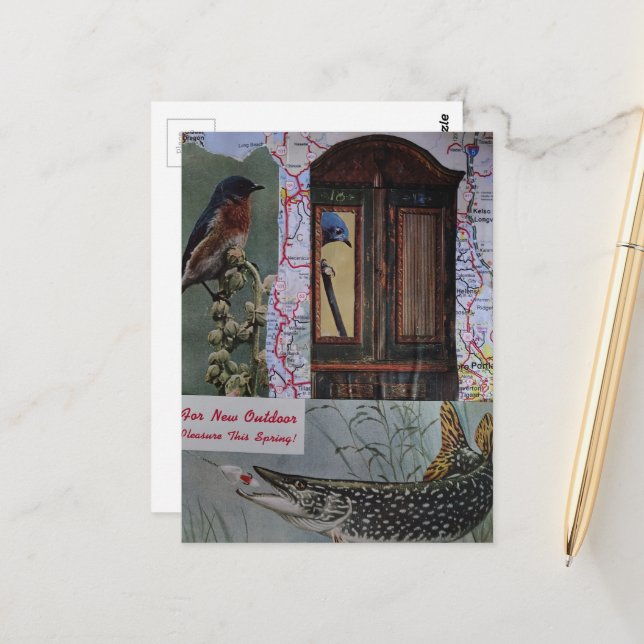 Retro-Vogel-und-Fisch-Collage Postkarte (Vorderseite/Rückseite Beispiel)
