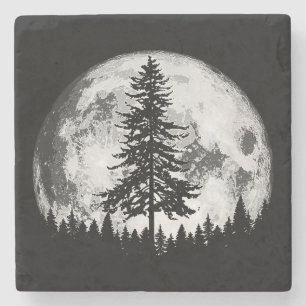 Retro Vollmond & Minimalistischer Pine Tree Vintag Steinuntersetzer