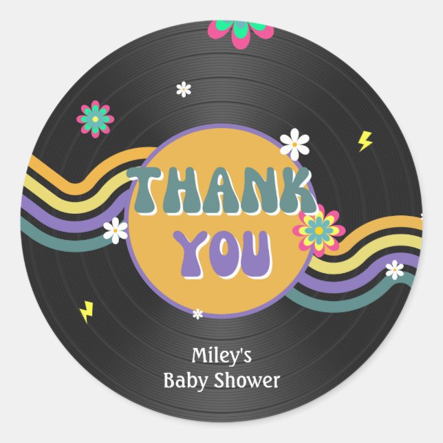 Retro Vynil Record Groovy Baby Shower 70er 80er Gi Runder Aufkleber (Vorderseite)