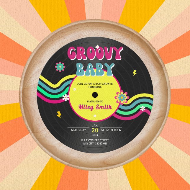 Retro Vynil Record Groovy Baby Shower 80er Neon Einladung (Von Creator hochgeladen)