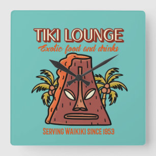 Retro Waikiki Tiki Lounge Print  Quadratische Wanduhr