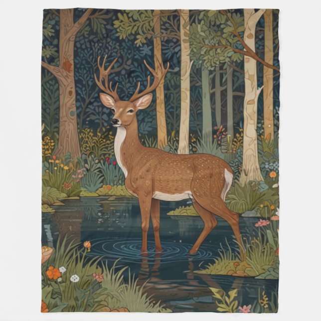 Retro Waldhirsch Fleecedecke (Vorderseite)