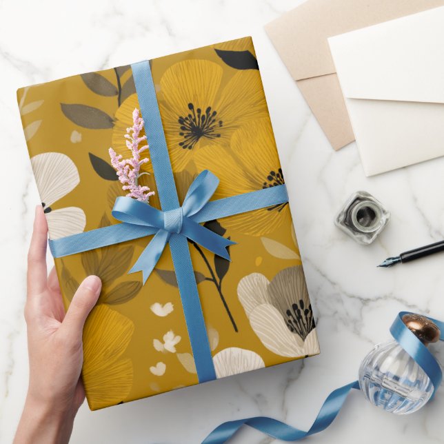 Retro Warm Tone Flower Mustard Floral Pattern Geschenkpapier (Schenken)