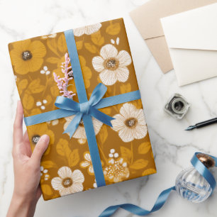 Retro-Warmer-Ton-Blumen-Senf-Blumenmuster Geschenkpapier
