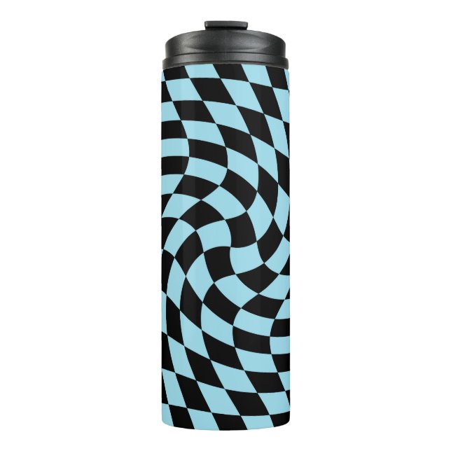 Retro Warped Black Blue Karos überprüft Thermosbecher (Vorderseite)