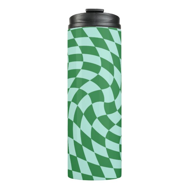 Retro Warped Blue Green Karos Checked Thermosbecher (Vorderseite)