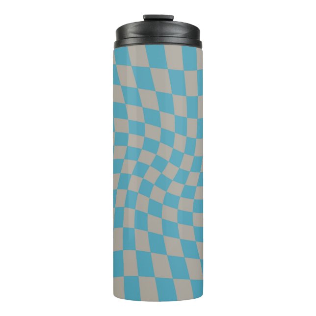 Retro Warped Grau Blue Karo Karo überprüft Thermosbecher (Vorderseite)