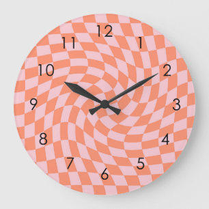 Retro Warped Pastel Coral Pink Checks Checkered Große Wanduhr