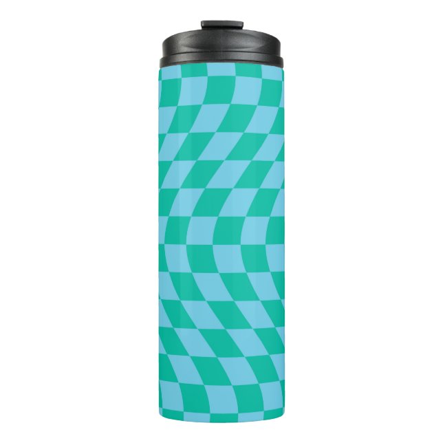 Retro-Warppastellblauer Karo geprüft Thermosbecher (Vorderseite)