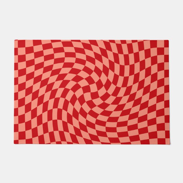 Retro Warpred Red Peach Karos Checkered Dorm Fußmatte (Vorderseite)