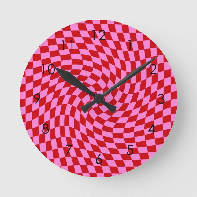 Retro Warprote rosa Karos überprüft      Runde Wanduhr (Vorderseite)