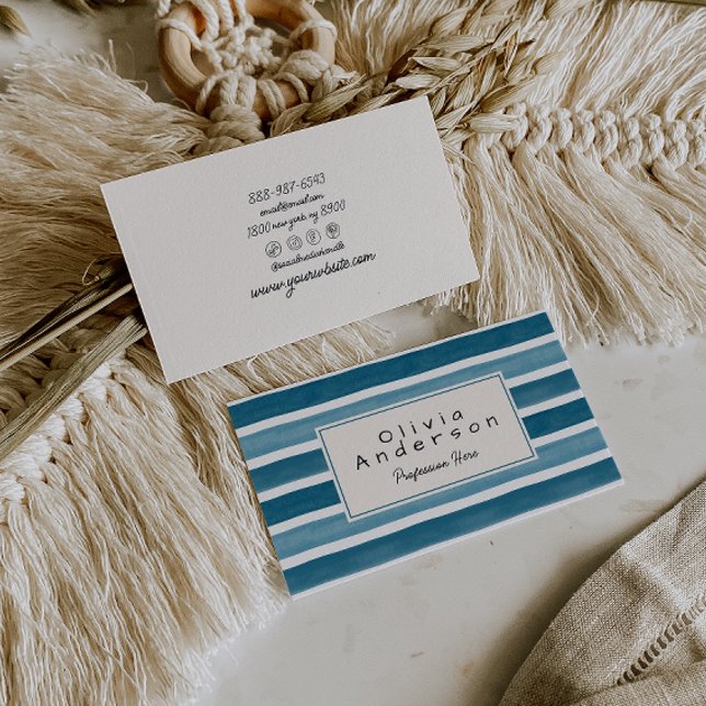 Retro Wasserfarbe Blau Aquamarine Streifen Trendy  Visitenkarte (Von Creator hochgeladen)