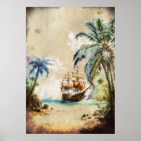 Retro Wasserfarbe Pirate Schiff Palmen Palmen alte