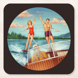 Retro Water Ski Rechteckiger Pappuntersetzer