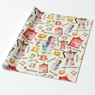 Retro Watercolor Coffee Pots Cups Muster Geschenkpapier