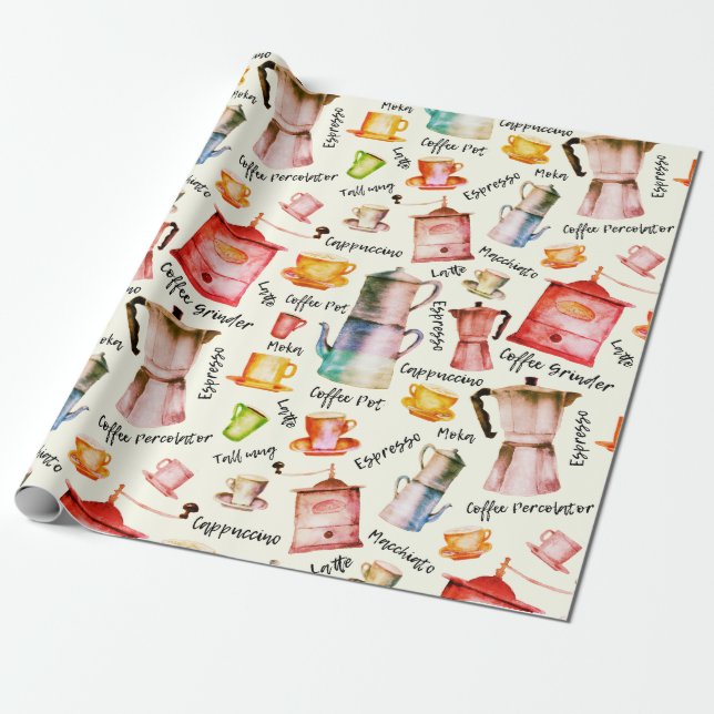 Retro Watercolor Coffee Pots Cups Muster Geschenkpapier (Ungerollt)