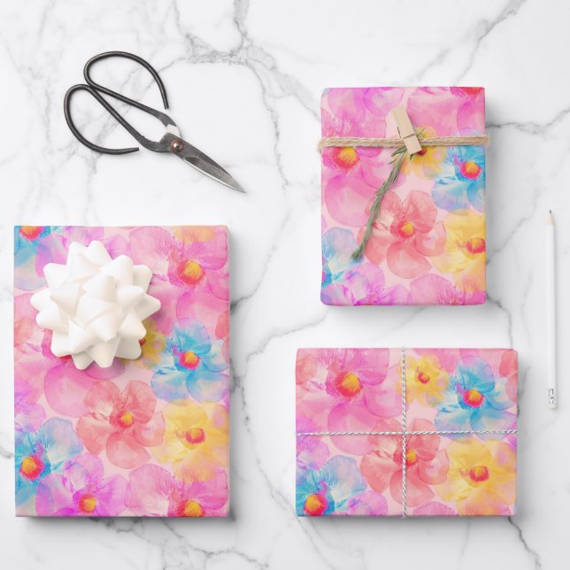Retro Watercolor Floral Muster Geschenkpapier Set (Vorderseite)