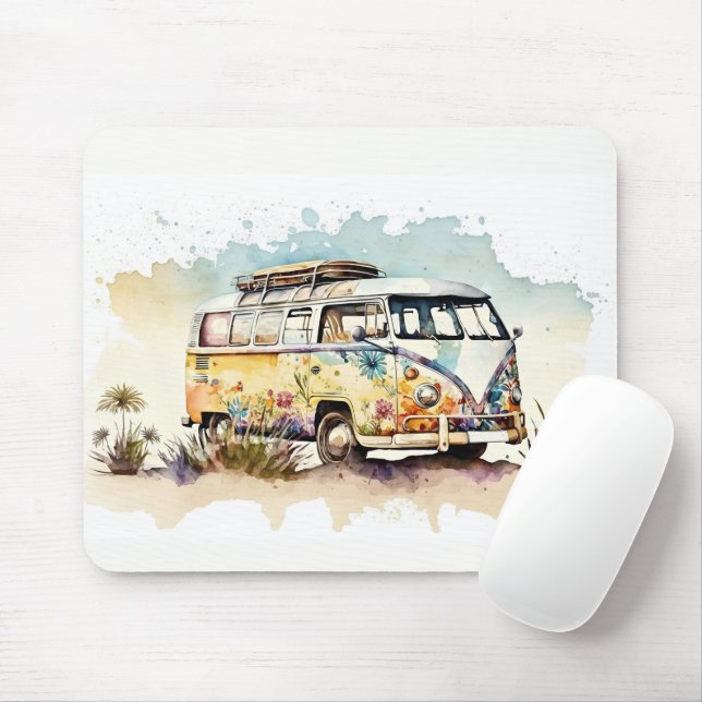 Retro-Watercolor-Hippie-Bus mit Blume Mousepad (Mit Mouse)