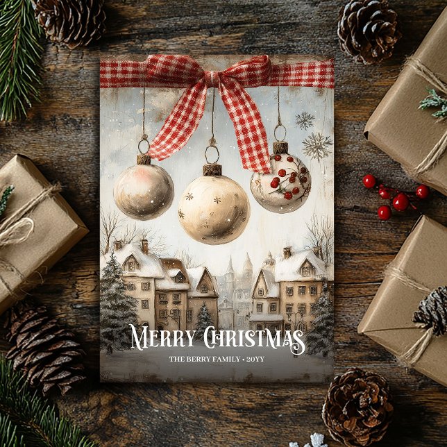 Retro Watercolor Neutral Colors Christmas Scene Feiertagskarte (Retro Watercolor Neutral Colors Christmas Scene Holiday Card )