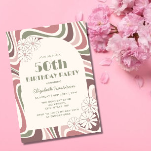 Retro Wave Blume Arch Sage Brown Peach Geburtstag Einladung