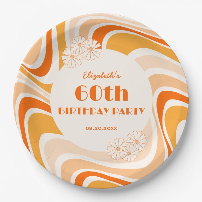 Retro Wave Blume Orange Peach Geburtstag Pappteller (Vorderseite)
