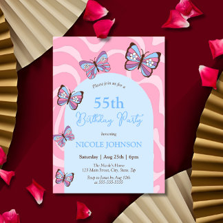 Retro Wave Butterfly Pink Blue Geburtstag Einladung