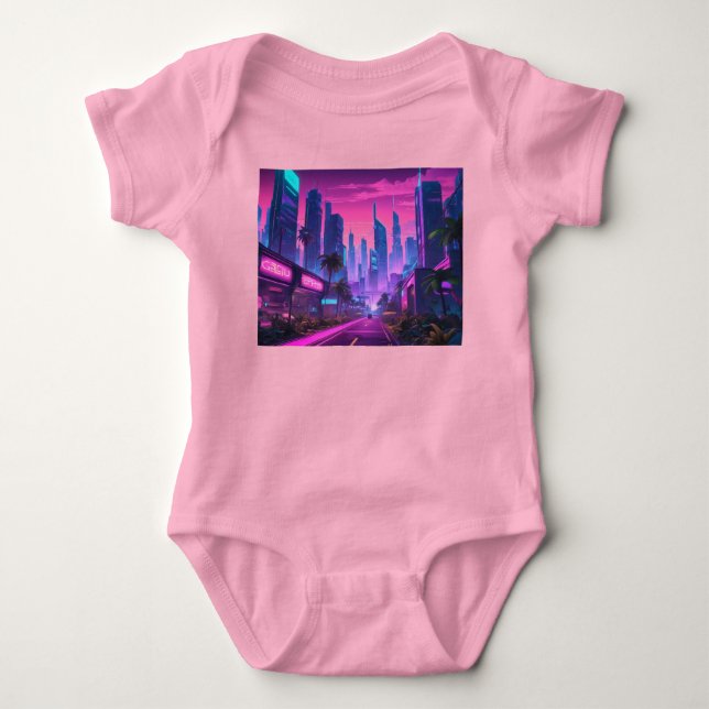 Retro Wave Cyberpunk City Baby Strampler (Vorderseite)