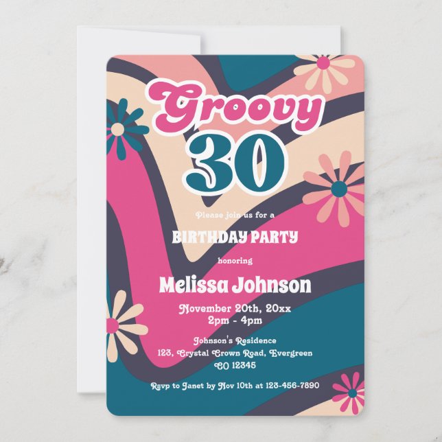 Retro Wave Daisies Groovy 30. Bubblegum Geburtstag Einladung (Vorderseite)