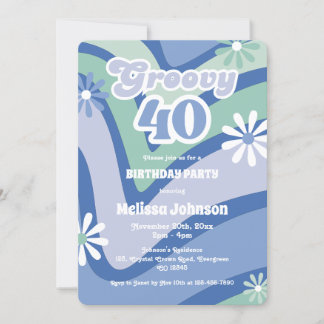 Retro Wave Daisies Groovy 40. Blauer Geburtstag Einladung